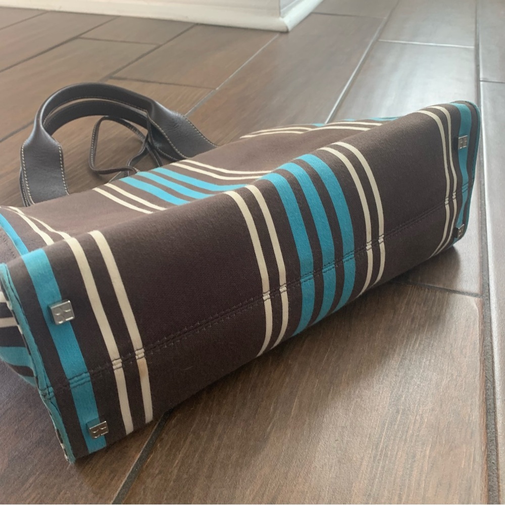 Kate Spade Blue & Brown Vertical Striped Canvas Satchel - Picture 3 of 6